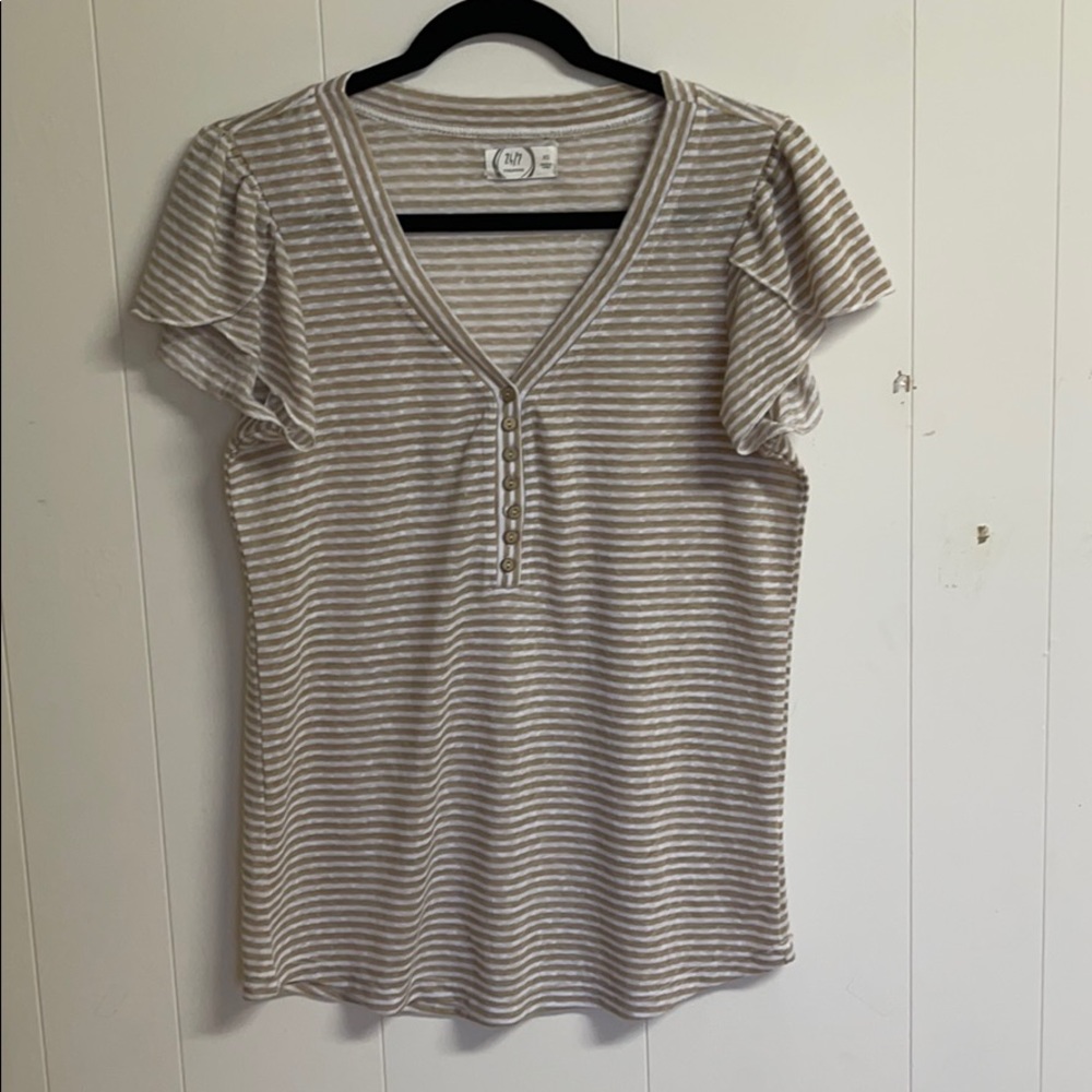 Maurices 24/7 XS White beige striped Button Tee